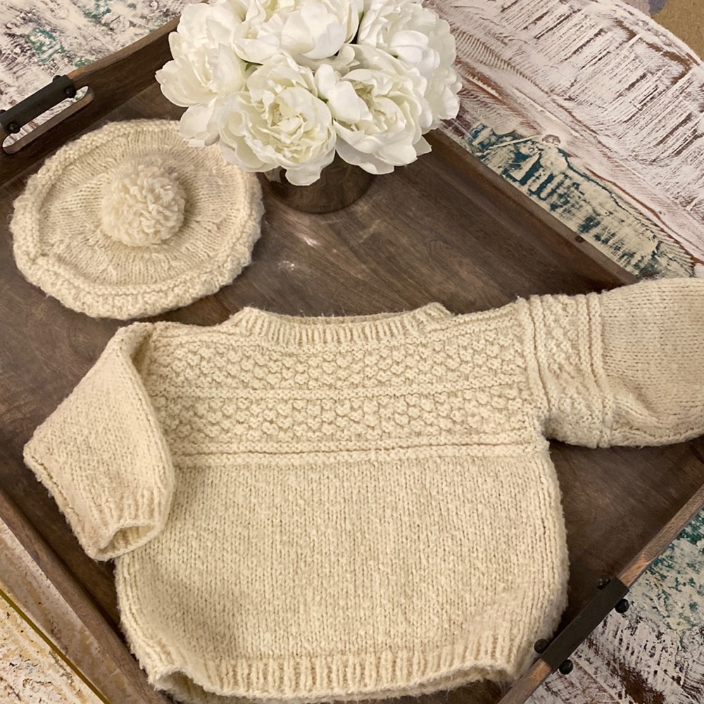 HAND KNIT child’s sweater and hat.  CREAM